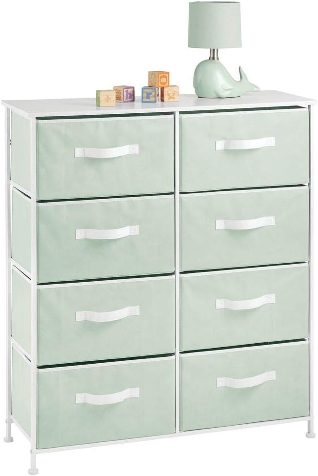 mDesign 8-Drawer Furniture Storage Tower - Sturdy Steel Frame, Easy Pull Fabric Bins - Organizer Unit for Kid's Bedrooms, Playrooms, Nurseries - Mint/White: Furniture & Decor
