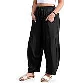 TARSE Womens Linen Harem Pants Elastic Waist Drawstring Loose Fit Baggy Casual Pants with Pockets
