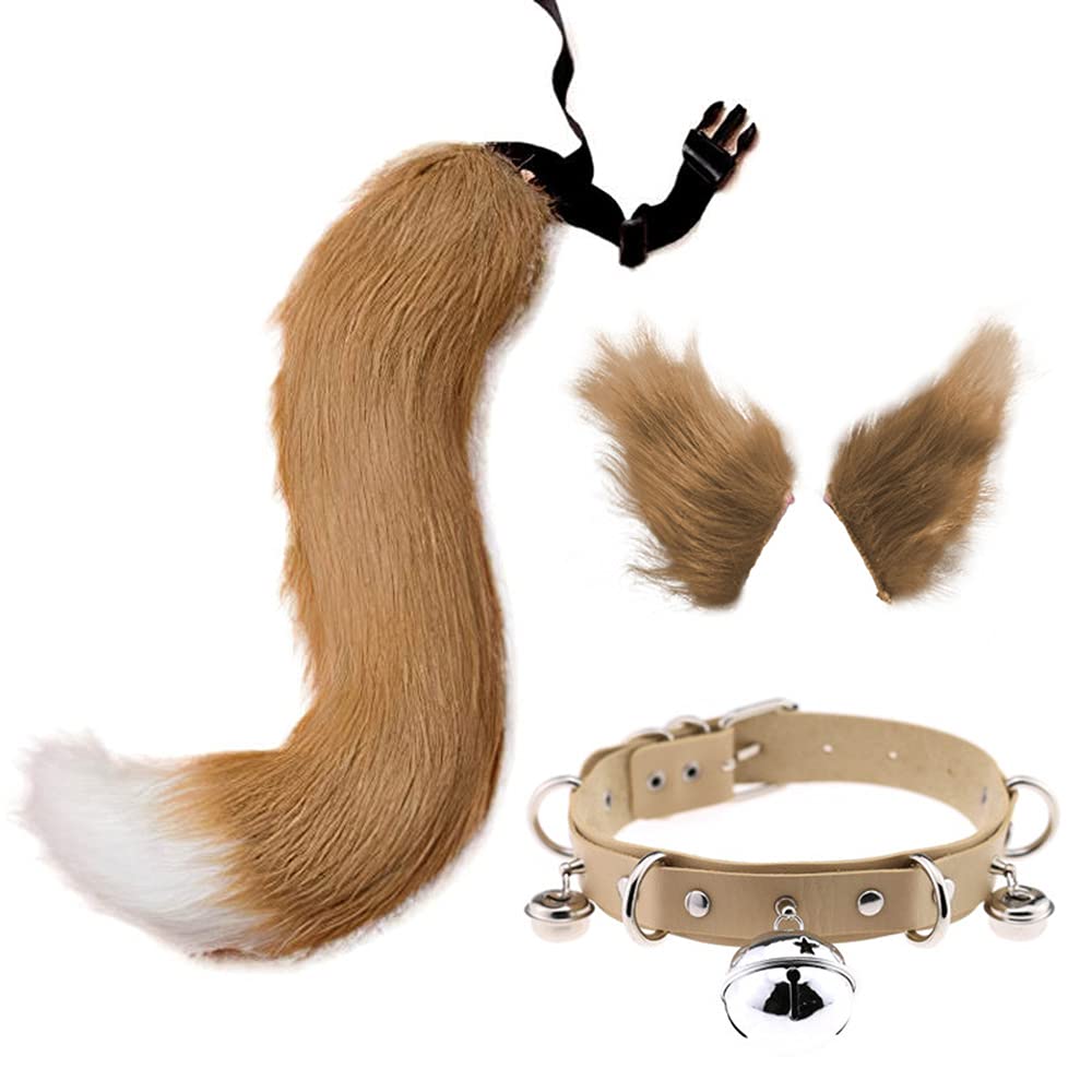 Kitahome Tail and Ears Set: Long Fox Tail Cosplay Faux Fur Furry Fox Wolf Ears and Bells Collar for Kids, Girls, Boys, Teens, Women, Children, Party (25.6inch/65cm) (Brown & White)