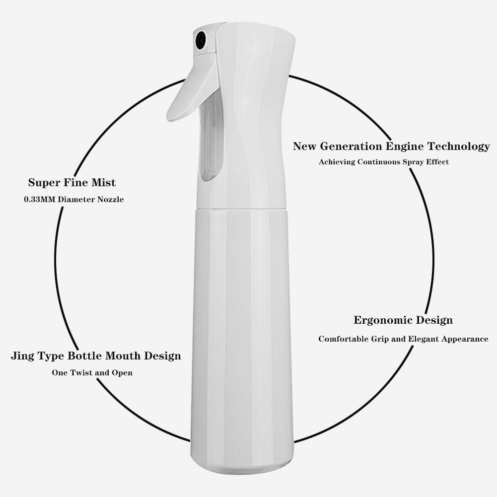 Hair Spray Bottle Empty Plastic Trigger Spray Bottle Refillable Fine Mist Sprayer Bottle 2 Pack 10oz /300ml for Hair Styling, Cleaning, Garden Continuous Water Mister (Black+White)