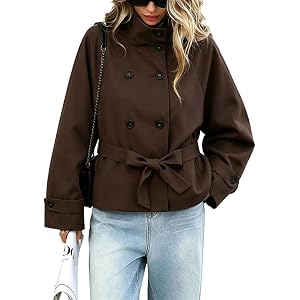 CHARTOU High Collar Cropped Trench Coat Women Belted Double Breasted Short Jackets