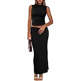 LUXVEER Womens 2 Piece Skirt Sets Casual Summer Outfits Sleeveless Mock Neck Crop Tank Tops High Waist Long Maxi Dress Set