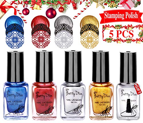 Nail Stamping Polish - Upgrade 4 Bottles Nail Art Lacquer Polish Gold Silver Blue Red Nail Plate Polish Varnish and Free Fast Drying Top Coat for Manicure Printing