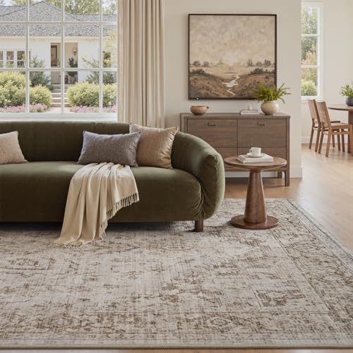 PADOOR 5×7 Area Rug for Living Room, Machine Washable Soft Large Bedroom Rug, Non-Slip Durable Low Pile Vintage Rug, Easy Clean Indoor Carpet for Hall, Kitchen, Dorm, Nursery, Office in Beige