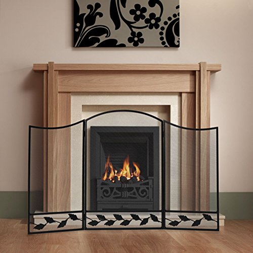 Steel Folding 3-Panel Arch Fire Place Fireplace Grill Wood Burning Stove Protective Screen w/ Double Bar | Black