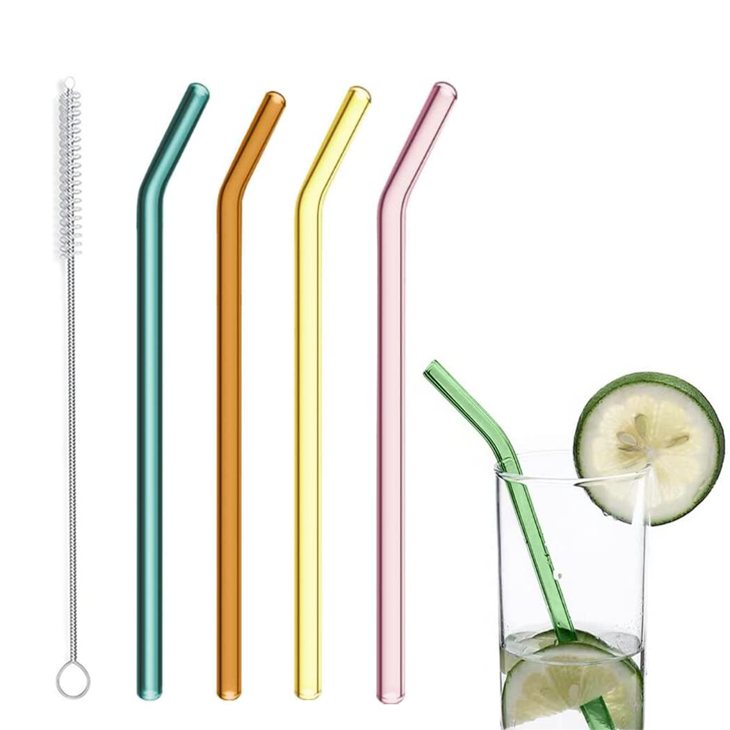 Hoshen Reusable Stained Glass Straws, 8.5" x 8mm Long Glass Straws Set for Smoothies, Milkshakes, Tea, Juice, 4 Curved Tubes with 1 Cleaning Brush (Mix Colors)