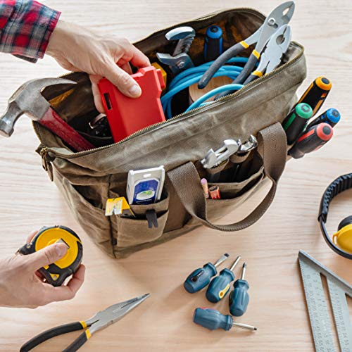 PD Canvas Tool Bag 14Inch, Khaki, 22 Pockets, Heavy Duty Tradesman Bag