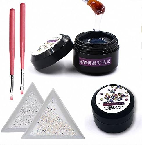 2 Bottle Nail Rhinestones Glue Adhesive Builder Super Sticky With 2 Bags Mini Diamond Shining Diy Gems And 2pcs White Triangular Plate Trays &amp; 2pcs Painting Pen