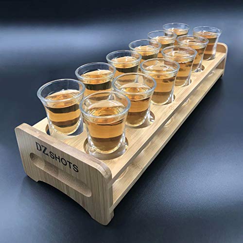 D&Z Bamboo Wooden Shot Glass Holder/Tray with 12 Crystal 1oz Clear Shot Glasses - Thumbnail 7