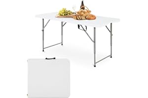 4 FT Folding Table Plastic Height Adjustable Picnic Table Portable Indoor Outdoor Camping Table for Picnic Party BBQ Camping 