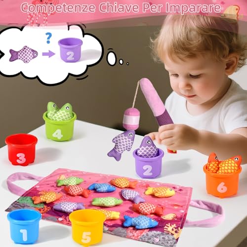 Tokiyis Montessori Games 1 Year – Soft Fishing Game for Baby Girl with 12 Fishes – Colourful Child Game Educational Toy for 6 9 12 18 Months – Pink Gifts for Children Girl 1 2 3 Years