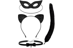 NVAZIOP Cat Costume Cat Ear Necklace and Tail with Black Mask for Girls Women Cosplay Costome for Halloween