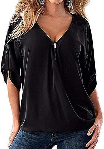 TrendiMax Women Chiffon Blouse 3 4 Cuffed Sleeve Solid Loose Casual Boyfriend T-Shirts Tops