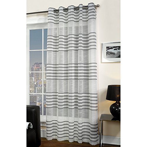 Universal Textiles Bologna Stripe Pattern Voile Panel Curtain With Eyelet Ring Top (58in x 72in) (Silver)