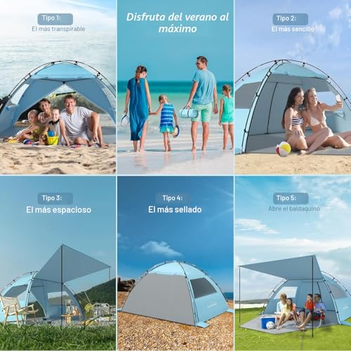 Elegear Beach Tent for 4-5 People, UV Protection UPF 50+ Portable Canopy Tent with Carry Bag Family Beach Shelter for Varar Park Camping Fishing, 220x150x127cm, Blue