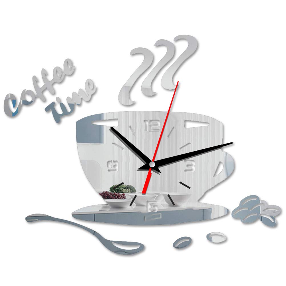 Fdit Acrylic Wall Clock, DIY Acrylic Wall Clock Modern Mute Coffee Time Clock Cup Shape Wall Sticker Hollow Numeral Clock for Office, Home, Bathroom, Kitchen, Bedroom (Silver)