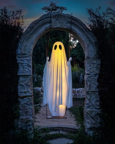 MERKYO Halloween Decorations Outdoor - 5 FT Large Hanging Swing Ghost Halloween Decor with String Lights, Spooky Cute Ghosts Decorations for Front Porch Yard Tree