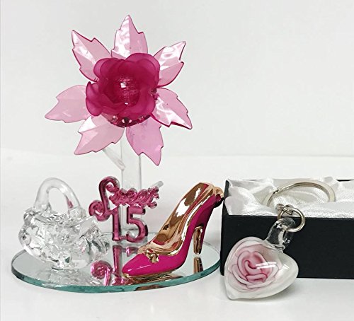 Mis Quince Anos Fuchsia Sweet 15 Motive Fuchsia Acrylic Flower with High Heel Shoe Favor and Purse Gift Keepsake 5 ct with Free Keychain