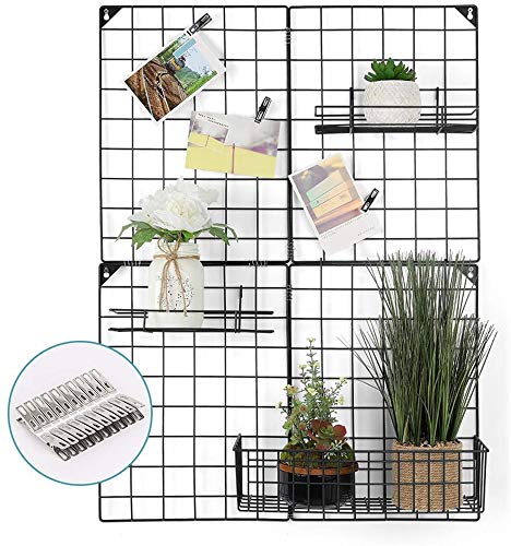 NEX Grid Photo Wall, Grid Panel for Photo Hanging Display, Multifunctional Metal Mesh Wall DIY Decor Storage Organizer, 3 Wire Baskets, 20 Iron Clips, 32.68'' x 23.82'', Black