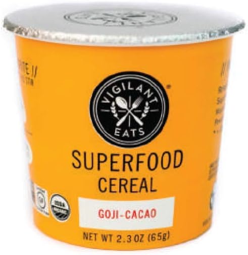 Vigilant Eats Superfood Cereal, Goji Cacao, Pack of 6, Organic, Gluten Free, Vegan, Non GMO, Kosher, 2.3 oz Travel Cup
