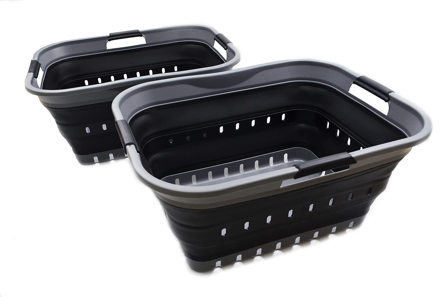 SAMMART 42L Collapsible Plastic Laundry Basket - Foldable Pop Up Storage Container/Organizer - Portable Washing Tub - Space Saving Hamper/Basket (2, Grey/Black)