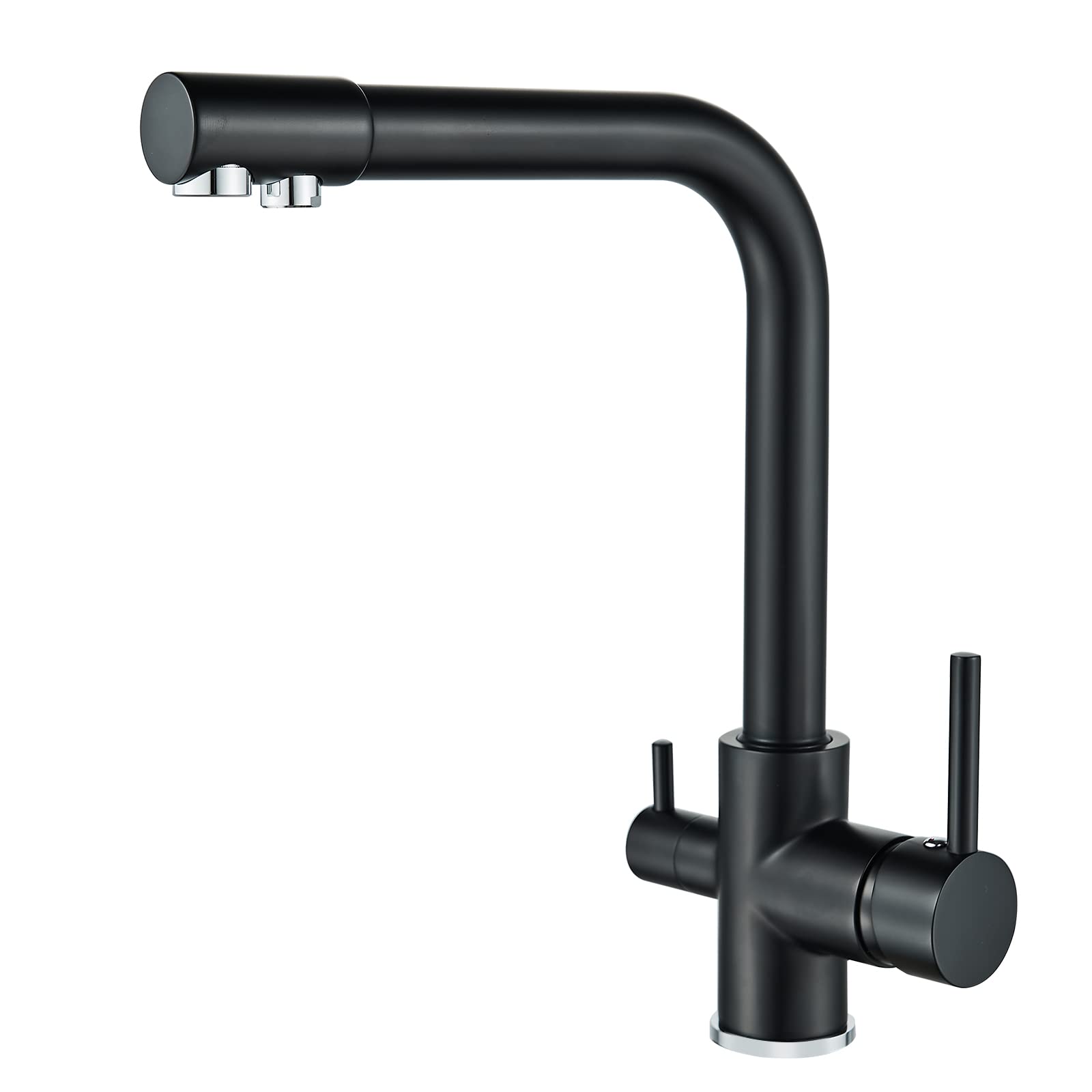 KEOKBON 3 in 1 Kitchen Mixer Tap with Drinking Filtered Water Outlet, 3 Way Water Sink Tap, G1/2 Inch Hose, 360° Swivel, Brass, Dual Lever, Matte Black