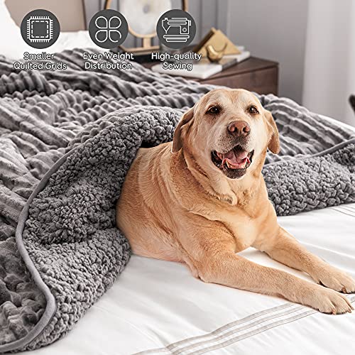 Sherpa Fleece Weighted Blanket for Adult, 15lbs Thick Fuzzy Bed Throw with Ribbed Stripes, Dual Sided Cozy Fluffy Weighted Blanket with Premium Beads for Bed, Couch, 60 x 80 Inches, Grey