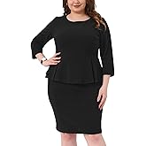 Agnes Orinda Plus Size Womens Peplum Pencil Dress 3/4 Sleeve Flared Sheath Dress Stretchy Office Business Work Dresses