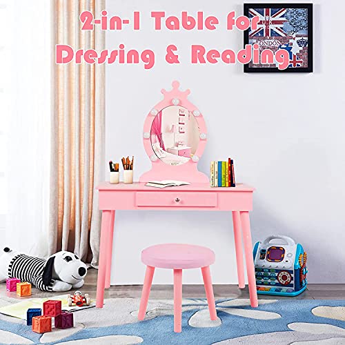 Vabches Kids Vanity Set with Mirror and Stool, Children Makeup Dressing