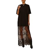 Melliflo Women's Trendy Lace Hem Patchwork Maxi Dress Short Sleeve Crew Neck T Shirt Dress Casual Loose Fit Solid Dresses