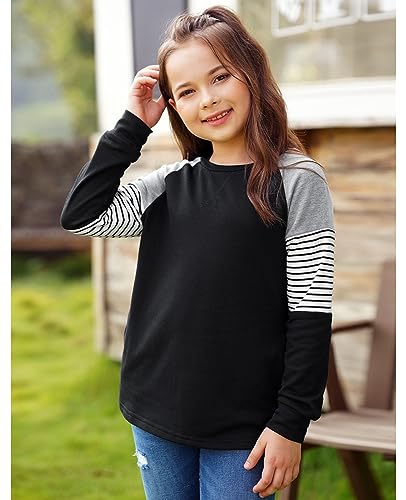 FOENLINTENSO GIRLS TOPS CASUAL LONG SLEEVE SHIRTS STRIPED COLOR BLOCK CREWNECK TUNIC BLOUSES WITH POCKET BLACK-10-11Y-XL