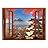 Copper Window Looking Out Into a Shrine with Mount Fuji on The Background Wall Mural
