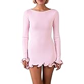 Naileksi Women Elegant Ruffle Hem Knit Mini Dress Long Sleeve Contrast Color Patchwork Bodycon Short Sweater Dress Fall