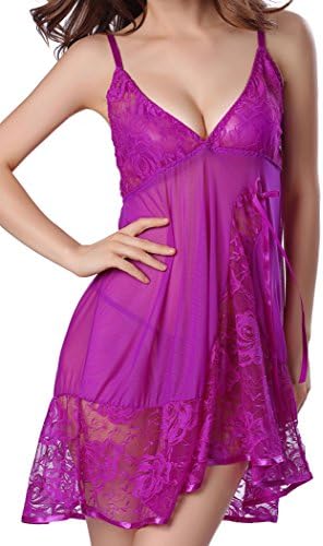 SEXYHUT Women Lingerie Nightwear Lace Babydoll V Neck Sleepwear Strap Chemise (Purple)