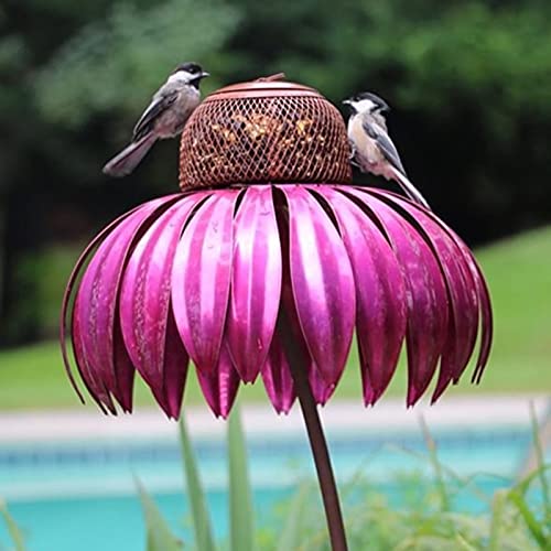 Red Coneflower Standing Bird Feeder,Outside Rust Resistant Garden Art Metal Birdfeeder with Stand,Hummingbird Feeders,Metal Detachable Flower Stakes for Yard Garden (Style A)