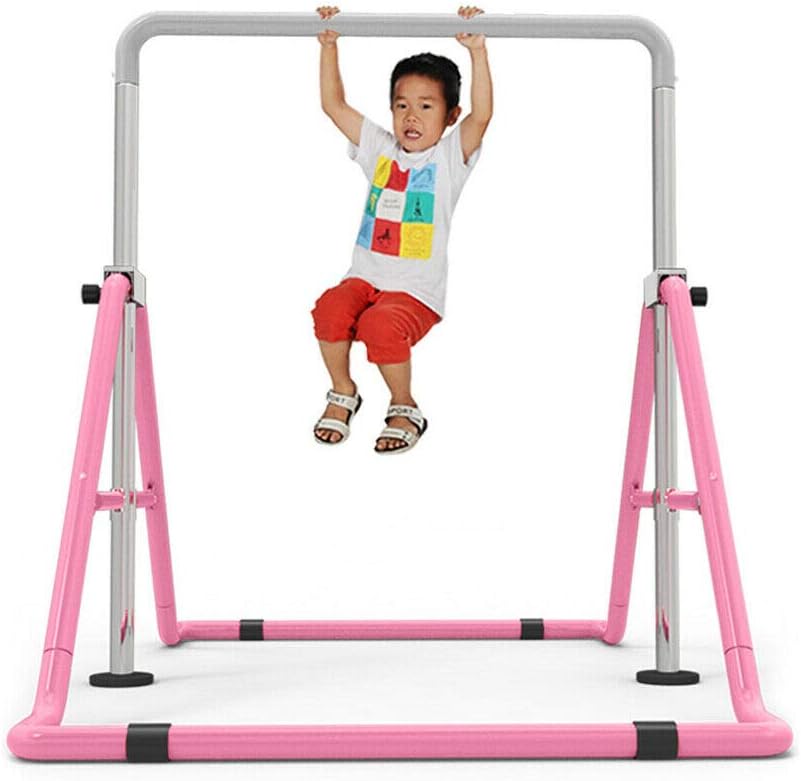 Kaibrite Anciun Kinder Turnreck Gymnastik Horizontalstangen, Klappbar Horizontale Leiste Gymnastik Reck Trainingsgeräte Outdoor Fitness Höhenverstellbar Rosa