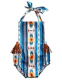 Newborn Baby Girls Halter Backless Tassels Geometric Patterns Ruffle Bodysuit Romper (12-18M, Blue)