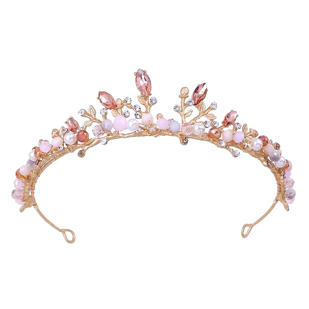 Girls Crystal Tiara Crown Women Princess Pink Flower Headband Gift for Carnival Headdress Fancy Dress Costume Wedding Prom Birthday Party Pageant Christmas Hair Accessories Present
