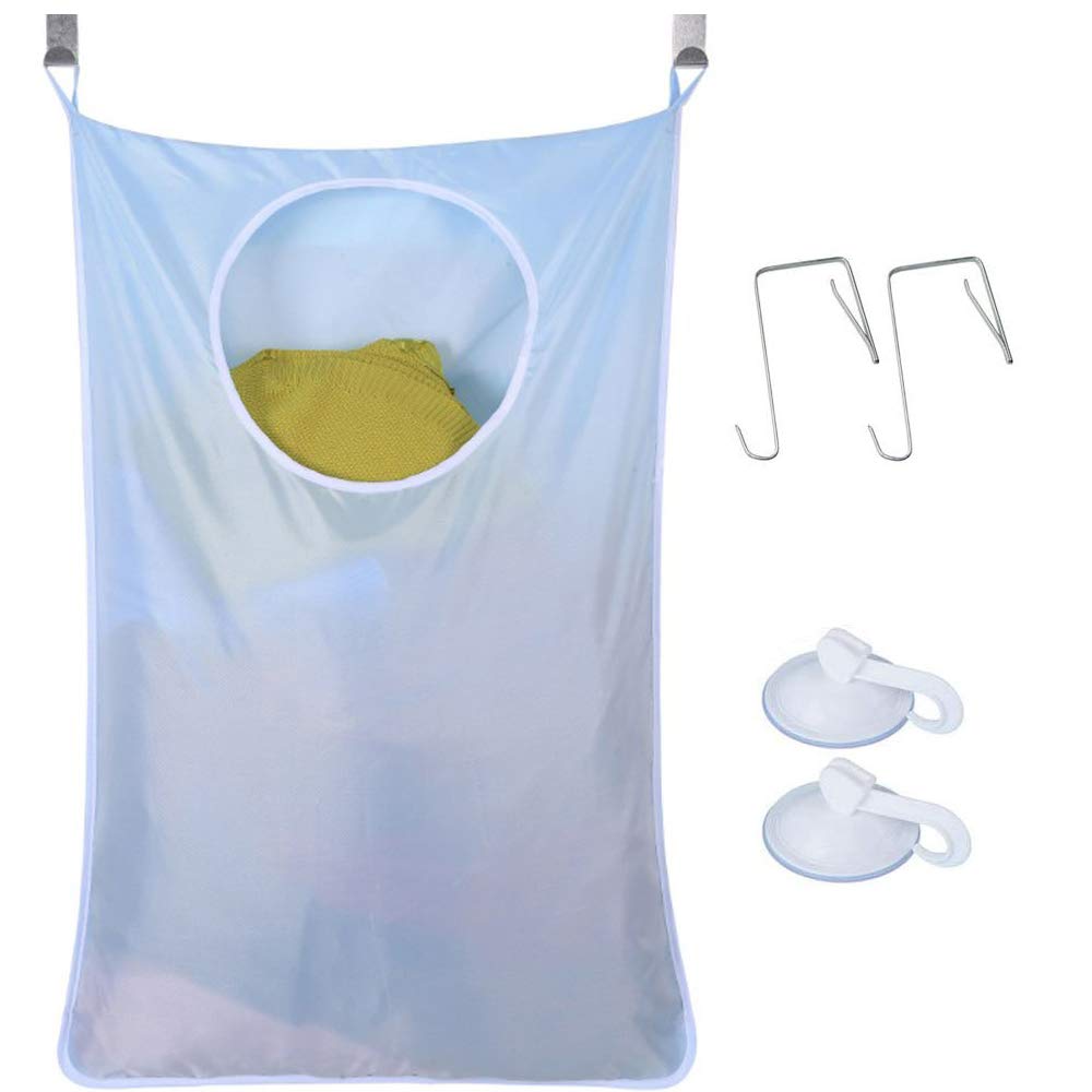 Uniuooi Door-Hanging Laundry Hamper Bag Blue, Foldable & Space Saving Corner Laundry Organiser with 2PCS Stainless Steel Door Hooks 2PCS Suction Hooks