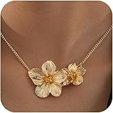 Douxsu Charm Gold Flower Y2k Layered Necklaces for Women Statement, Trendy Vintage Chunky Metal Pleated Floral Pendant Necklace Hawaiian Party Jewelry Gifts