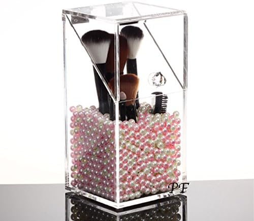 Makeup Brush Holder Organizer Acrylic 5mm Dust Free Container With Pearls (Pink &amp; White)