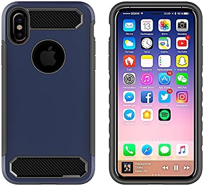 iPhone x Case,Dual Phone Case Carbon Fiber Design drop protection Shock Absorption Bumper Double Slim Flexible TPU Cell Phone Case Rugged PC Back Phone Cover for iPhone X (Navy Blue/Black)