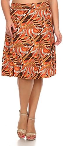 Womens Plus Size A-Line Below Knee Length Flowy Stretchy Skirt Orange Multi-Color With Wave and Stripe Print- 3X