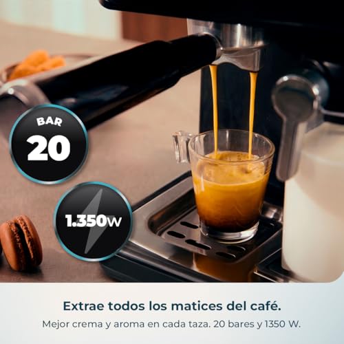 Cafeteras Express Semiautomáticas Power Espresso Touch ColdBrew Latte. 1350W, 20 Bares, Frío, Templado o Caliente, Pantalla Táctil, 1.5L Depósito Agua, 500ml Depósito Leche, Doble Brazo