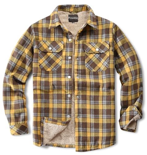 Puwasa Women's Flannel Jacket Plaid Sherpa Lined Cotton Button Down Shirt Jacket for Women Yellow Medium at Amazon