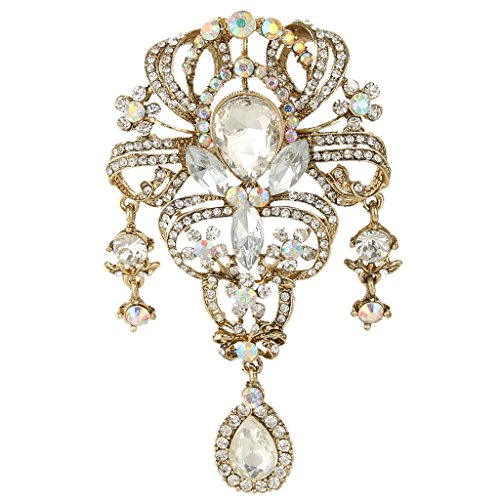 Vintage Teardrop Flower Brooch With Austrian Crystals - 3.8 Inch Elegant Pin