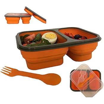 Silicone Collapsible Lunch Box, 2-Compartment, BPA Free, Microwave/Dishwasher Safe, Great for Kids and Adults (Orange)