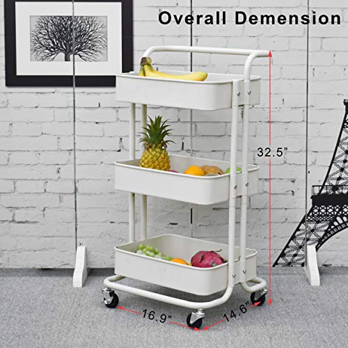 Iris'Home 3-Tier Metal Rolling Utility Cart with Handles, Art Storage Cart, Makeup Cart with Wheels, Lash Cart Organizer, Book Cart, Bathroom Cart, White