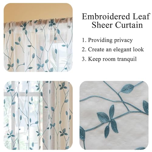 2 Panels Leaf Pattern Semi-Sheer Curtains, 137 x 213 CM Floral Foliage Embroidered Voile Window Drapes for Bedroom & Living Room, Rod Pocket Design, White & Teal