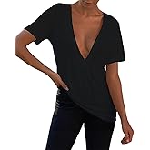 Womens Sexy Deep V Neck T Shirts Summer Oversized Short Sleeve Tee Tops